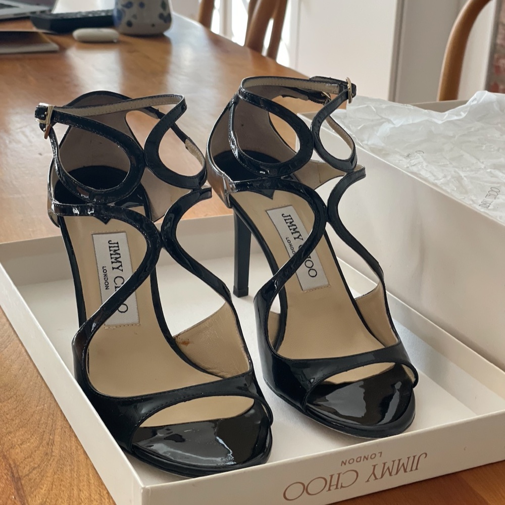 Jimmy Choo Size 37 Black Patent Leather Ivette Sandal
